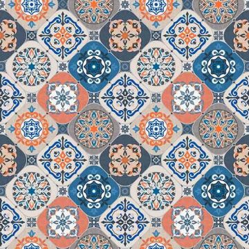 Tafelzeil - Blue/White/Orange Tiles