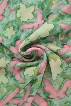 Chiffon - Watercolor Butterflies and Flowers on Green