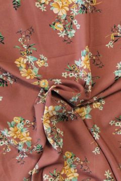 Viscose - Caramel/Blue Flowers on Dark Pink/Red