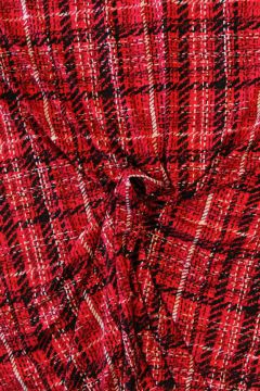 Viscose tricot - Black and White Tartan on Red 