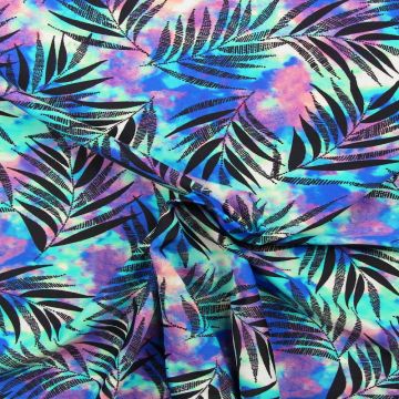 Lycra - Black Palmleaves on Tie Dye Blue/Purple