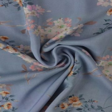 Viscose - Caramel/Pink Flowers on Dusty Blue