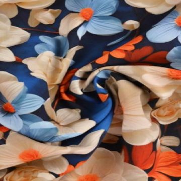 Viscose - Blue/White Flowers and Orange Leaves on Dark Blue