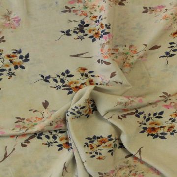 Viscose - Orange/Blue Flowers on Dirty Grey/Green