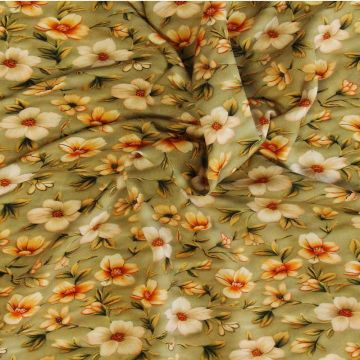 Viscose - Lovely Orange/White Flowers on Vintage Mossgreen