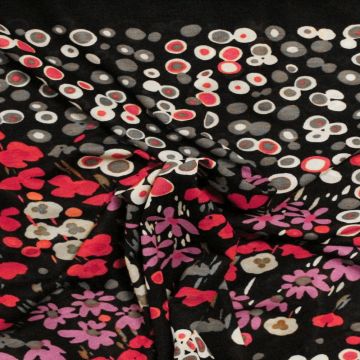 Viscose Tricot - Painted Flowers and Dots on Black
