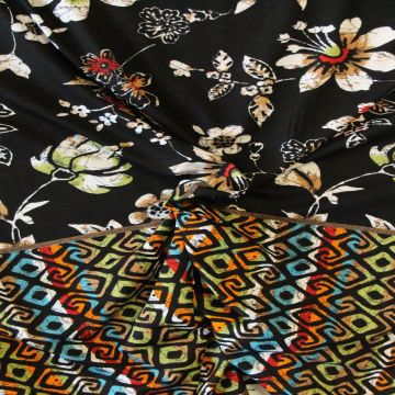 Viscose Tricot - Multicolor Flowers and Fantasy on Black