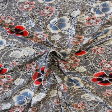 Viscose tricot - Soft Blue and Red Flowers in Grey